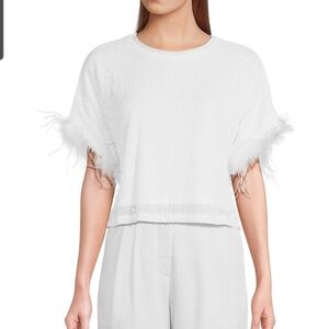 Lucy Paris White Boxy Crop T-Shirt with Embellished Sleeves